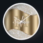 Diamonds, Large Gold Monogram, White Script Name Clock<br><div class="desc">Personalize large gold monogram and name in white script on gold wave with diamonds.</div>
