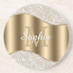 Diamonds, Large Gold Monogram, White Script Name Coaster<br><div class="desc">Personalise large gold monogram and name in white script on gold wave with diamonds.</div>