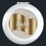 Diamonds, Large Gold Monogram, White Script Name Compact Mirror<br><div class="desc">Personalise large gold monogram and name in white script on gold wave with diamonds.</div>