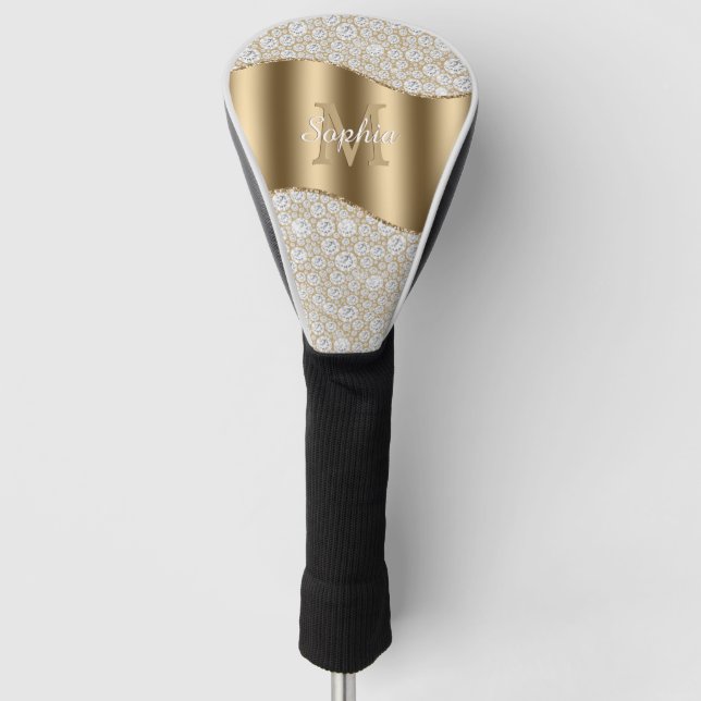 Diamonds, Large Gold Monogram, White Script Name Golf Head Cover (Front)