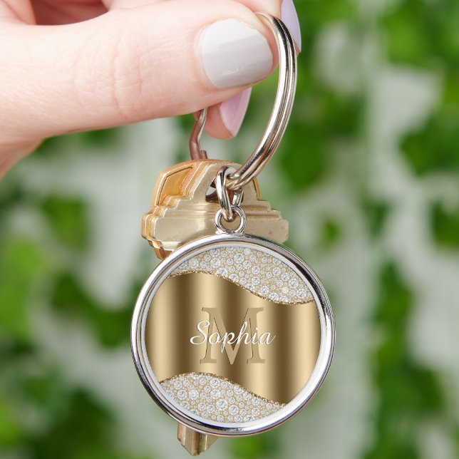 Diamonds, Large Gold Monogram, White Script Name Key Ring (Creator Uploaded)