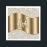Diamonds, Large Gold Monogram, White Script Name Napkin<br><div class="desc">Personalise large gold monogram and name in white script on gold wave with diamonds.</div>