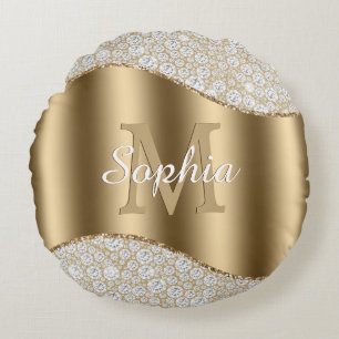 Diamonds, Large Gold Monogram, White Script Name Round Cushion