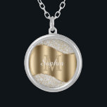 Diamonds, Large Gold Monogram, White Script Name Silver Plated Necklace<br><div class="desc">Personalize large gold monogram and name in white script on gold wave with diamonds.</div>
