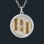 Diamonds, Large Gold Monogram, White Script Name Silver Plated Necklace<br><div class="desc">Personalize large gold monogram and name in white script on gold wave with diamonds.</div>