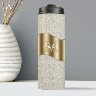 Diamonds, Large Gold Monogram White Script Name Thermal Tumbler