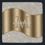 Diamonds, Large Gold Monogram, White Script Name Trivet<br><div class="desc">Personalise large gold monogram and name in white script on gold wave with diamonds.</div>