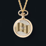 Diamonds, Large Gold Monogram, White Script Name Watch<br><div class="desc">Personalise large gold monogram and name in white script on gold wave with diamonds.</div>