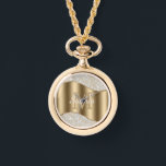 Diamonds, Large Gold Monogram, White Script Name Watch<br><div class="desc">Personalise large gold monogram and name in white script on gold wave with diamonds.</div>