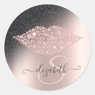 Diamonds Lips Glitter Ombre Rose Gold Classic Round Sticker