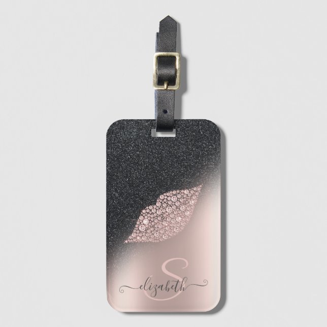 Diamonds Lips Glitter Ombre Rose Gold  Luggage Tag (Front Vertical)