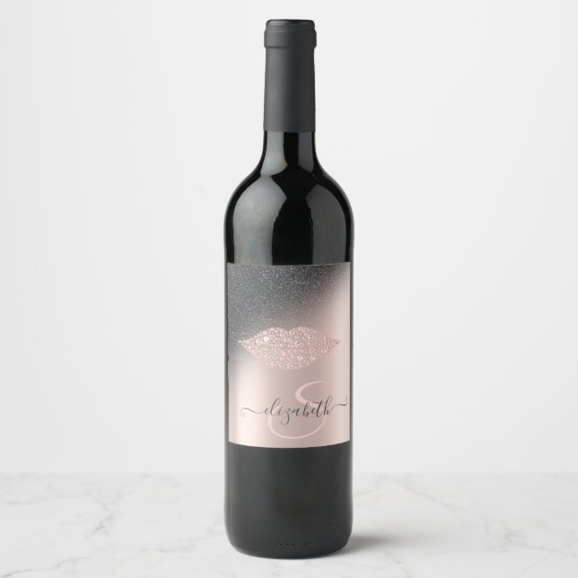 Diamonds Lips Glitter Ombre Rose Gold  Wine Label (Front)