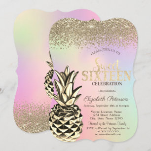 Diamonds,Metallic Pineapple Holographic Sweet 16  Invitation