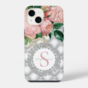 Diamonds Monogram Pink Roses Sparkly Bling Tufted iPhone 14 Case