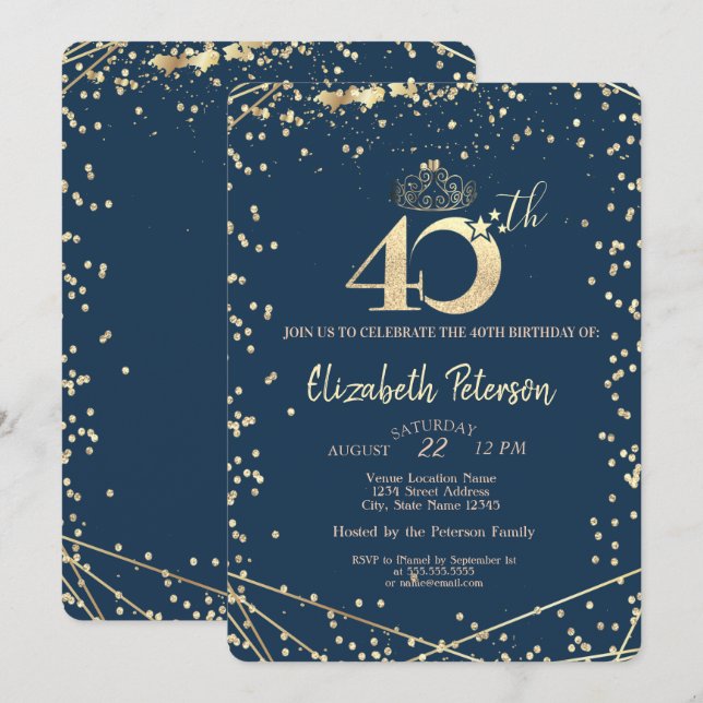 Diamonds Navy Blue Gold 40th Birthday Party   Invitation (Front/Back)