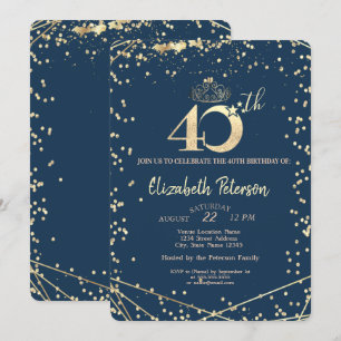 Diamonds Navy Blue Gold 40th Birthday Party Invitation