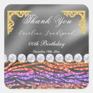 Diamonds & Orange Purple Glitter Thank You Square Sticker