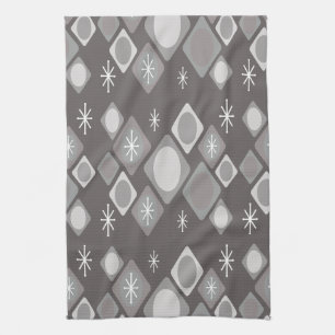 Diamonds Ovals Starbursts Dark Grey Tea Towel