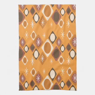 Diamonds Ovals Starbursts Orange Tea Towel