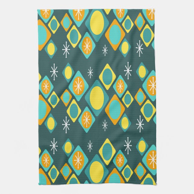 Diamonds Ovals Starbursts Teal Tea Towel (Vertical)