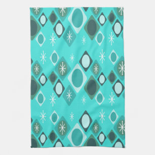 Diamonds Ovals Starbursts Turquoise Tea Towel