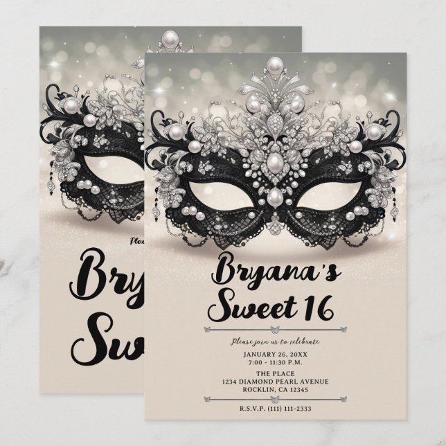 Diamonds & Pearls Black Lace Masquerade Sweet 16   Invitation (Front/Back)
