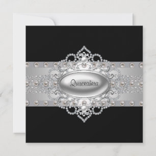 Diamonds Pearls Black Quinceanera Invitations