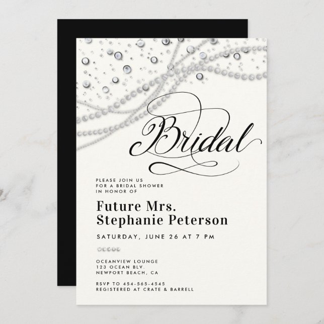 Diamonds Pearls Black White Chic Mrs Bridal Shower Invitation (Front/Back)