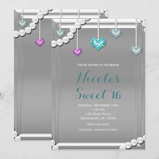 Diamonds & Pearls Bling Jewels Glam Birthday Party Invitation (Front/Back)