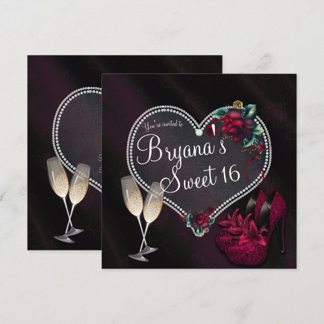 Diamonds Pearls Dark Heart High Heels Sweet 16 Invitation (Front/Back)