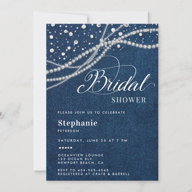 Diamonds Pearls Denim Elegant Classy Bridal Shower Invitation (Front)