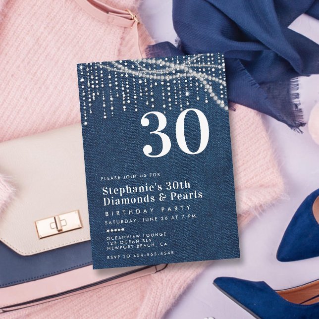 Diamonds Pearls Denim Modern Classy 30th Birthday Invitation (diamonds and pearls 30th birthday party invitation for women elegant classy modern chic glam thirty)