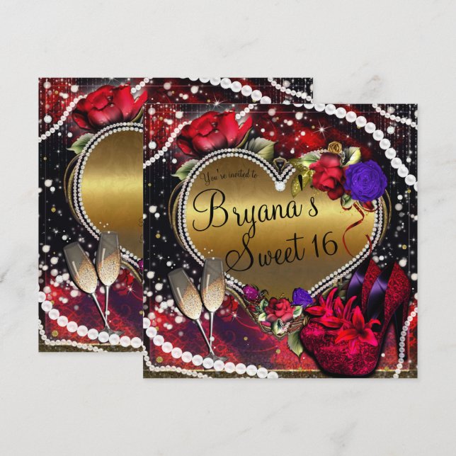 Diamonds Pearls Heart High Heels Sweet 16 Invitation (Front/Back)