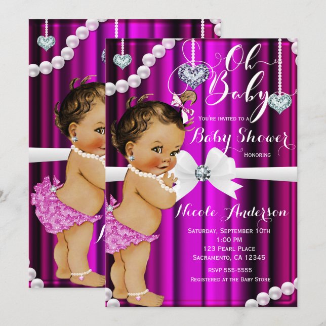 Diamonds & Pearls Hot Pink Vintage Baby Shower Invitation (Front/Back)
