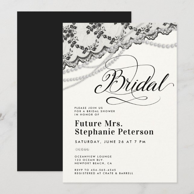 Diamonds Pearls Lace Black Ivory Bridal Shower Invitation (Front/Back)