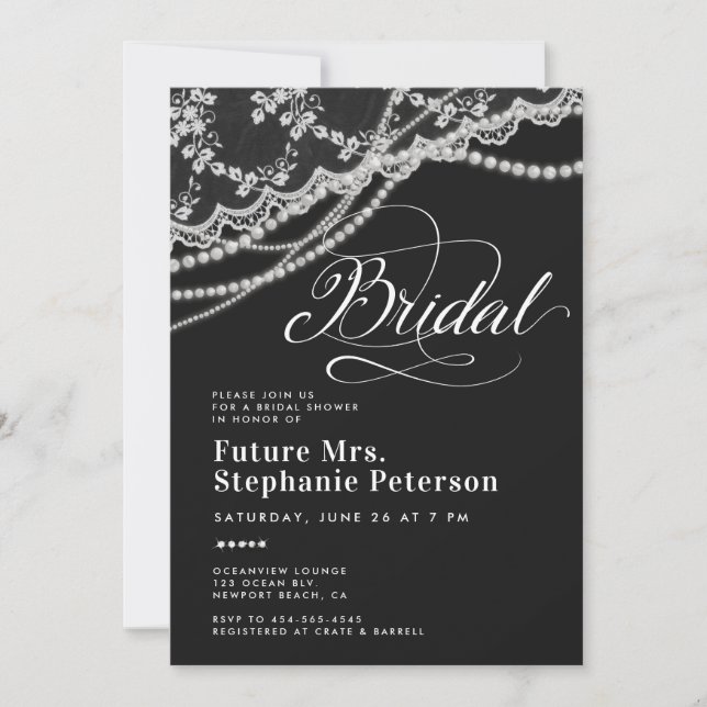 Diamonds Pearls Lace Black White Bridal Shower Invitation (Front)