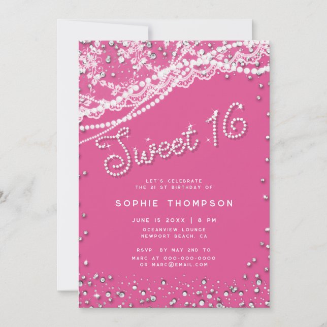 Diamonds Pearls Lace Girly Pink Elegant Sweet 16 Invitation (Front)