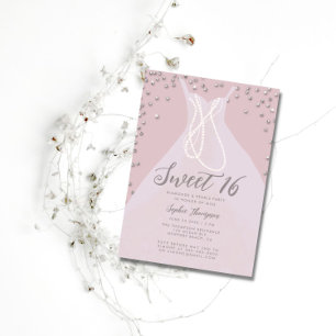 Diamonds Pearls Princess Dress Pink Sweet 16 Party Invitation