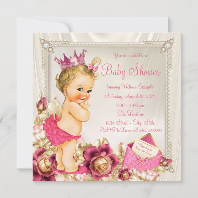 Diamonds Pearls Satin Pink Princess Baby Shower Invitation (Front)