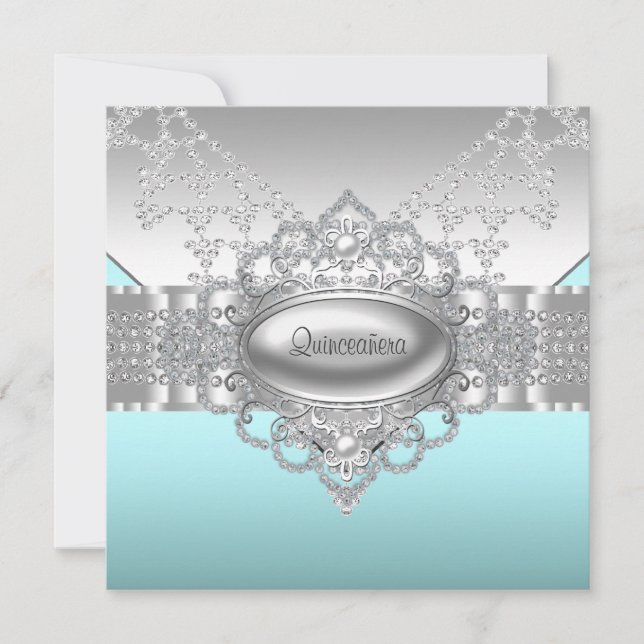 Diamonds Pearls Teal Blue Quinceanera Invitations (Front)