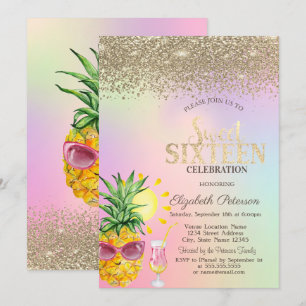 Diamonds,Pineapple,Cocktail Holographic Sweet 16 Invitation