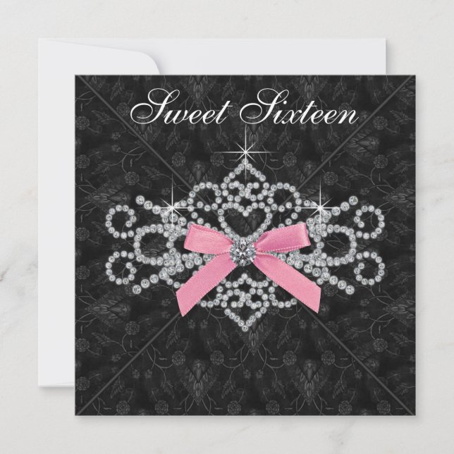 Diamonds Pink Black Damask Sweet 16 Birthday Party Invitation (Front)