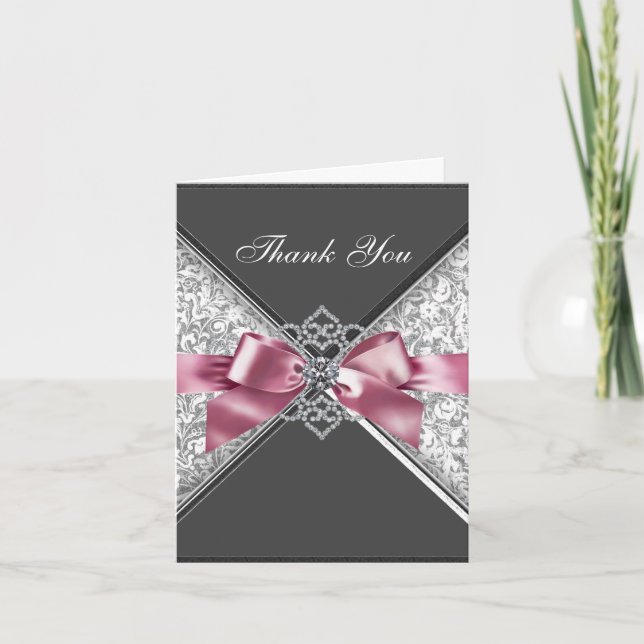 Diamonds Pink Black Damask Thank You Cards (Front)