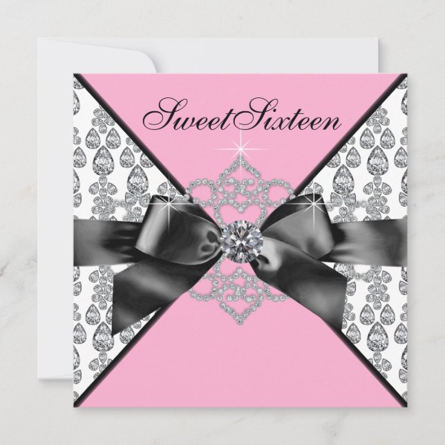 Diamonds Pink Black Sweet 16 Birthday Party Invitation (Front)