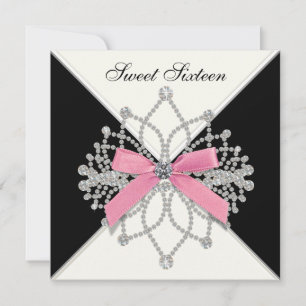 Diamonds Pink Black Sweet Sixteen Birthday Party Invitation
