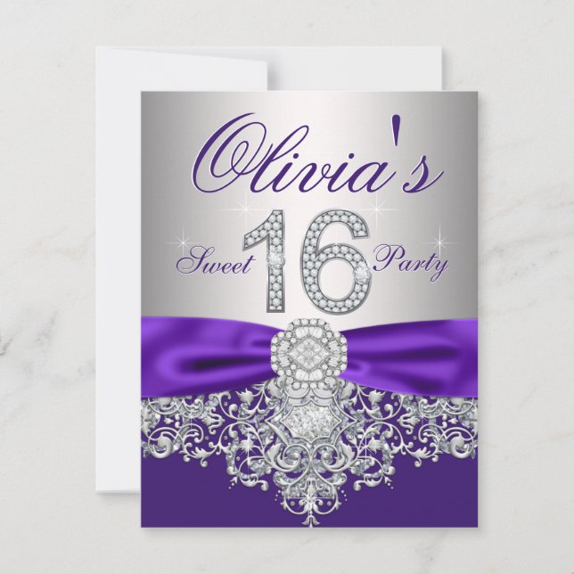Diamonds Purple and Silver Sweet 16 Party Invitation (Front)