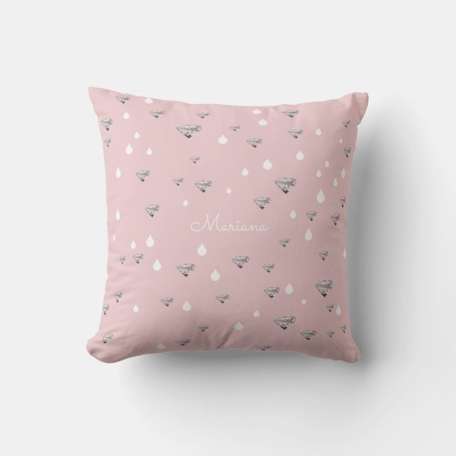 diamonds raindrops scattered on pink personalised cushion (Front)