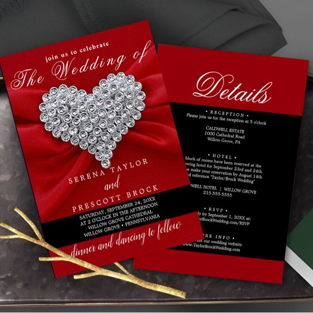 Diamonds Red Elegant Calligraphy Beautiful Wedding Invitation (Creator Uploaded)