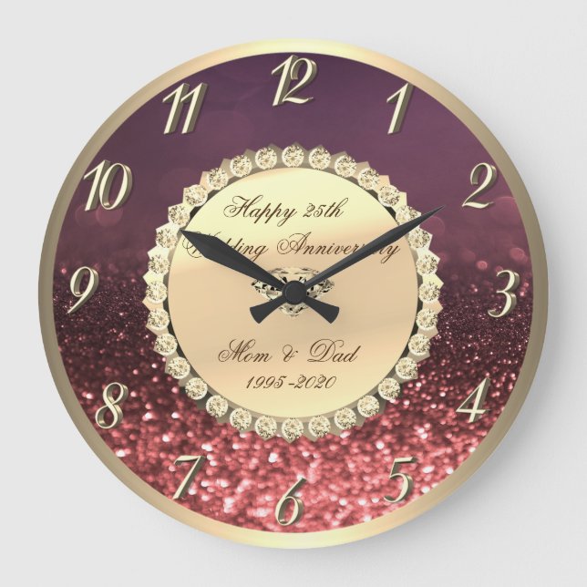 Diamonds,Rose Gold Bokeh 25th Wedding Anniversary Large Clock (Front)