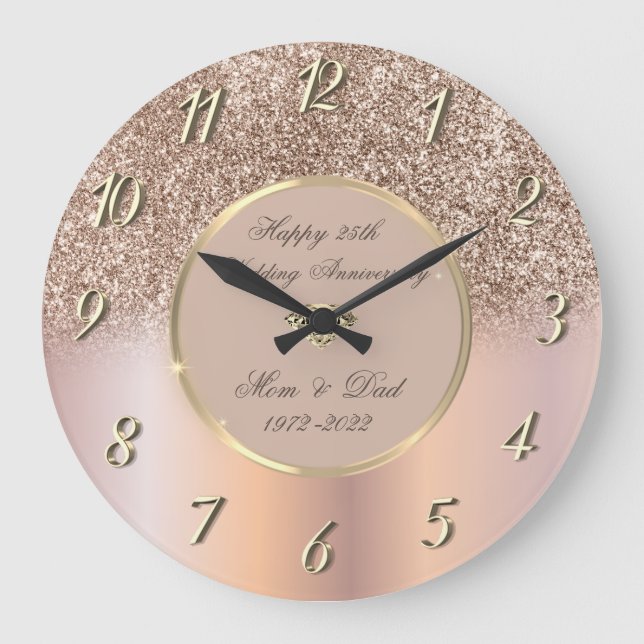 Diamonds Rose Gold Glitter 50 Wedding Anniversary Large Clock (Front)